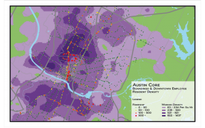 Jeff Wood's visualization of bus ridership in the core (also density), courtesy Jace Deloney