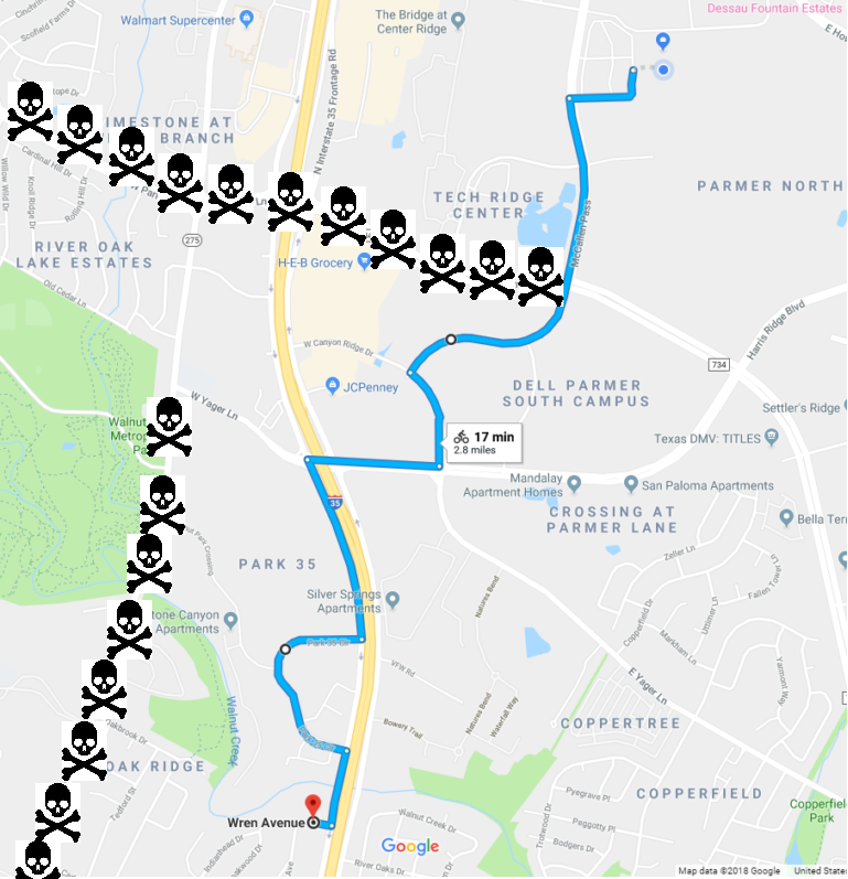 North map with skull indicators on Parmer and Lamar