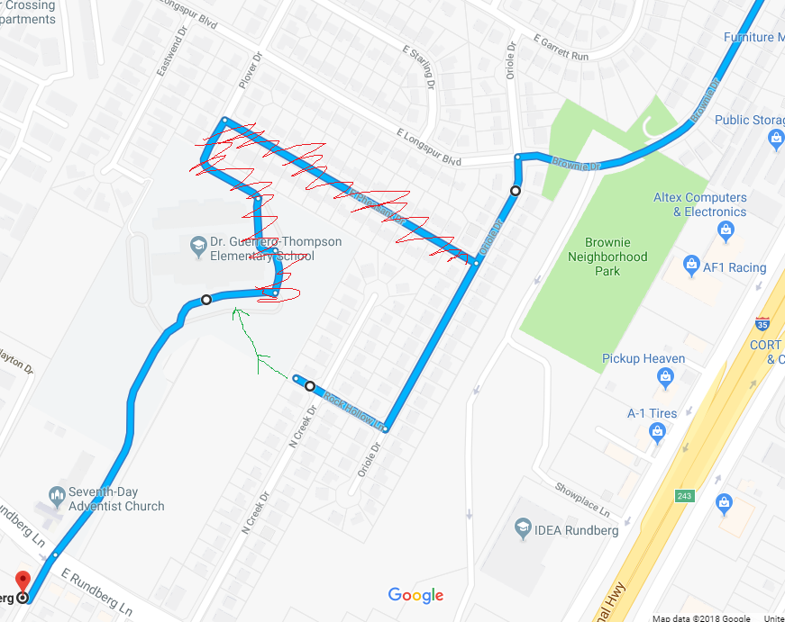 Annotated map of actual final route I took through Walnut Creek Elementary
